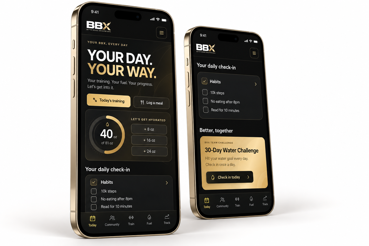 Two phones showing the BBX app’s charcoal-and-gold Today dashboard, hydration tracker, daily check-in and community challenge