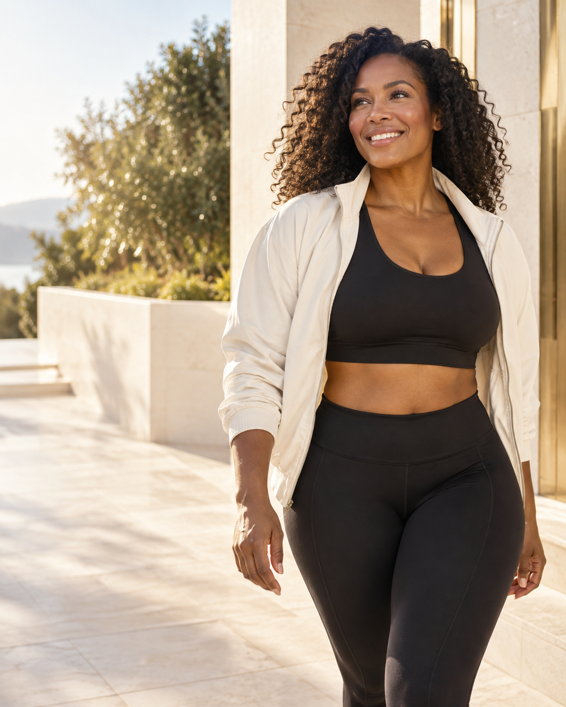A confident Black woman in activewear outdoors after a workout