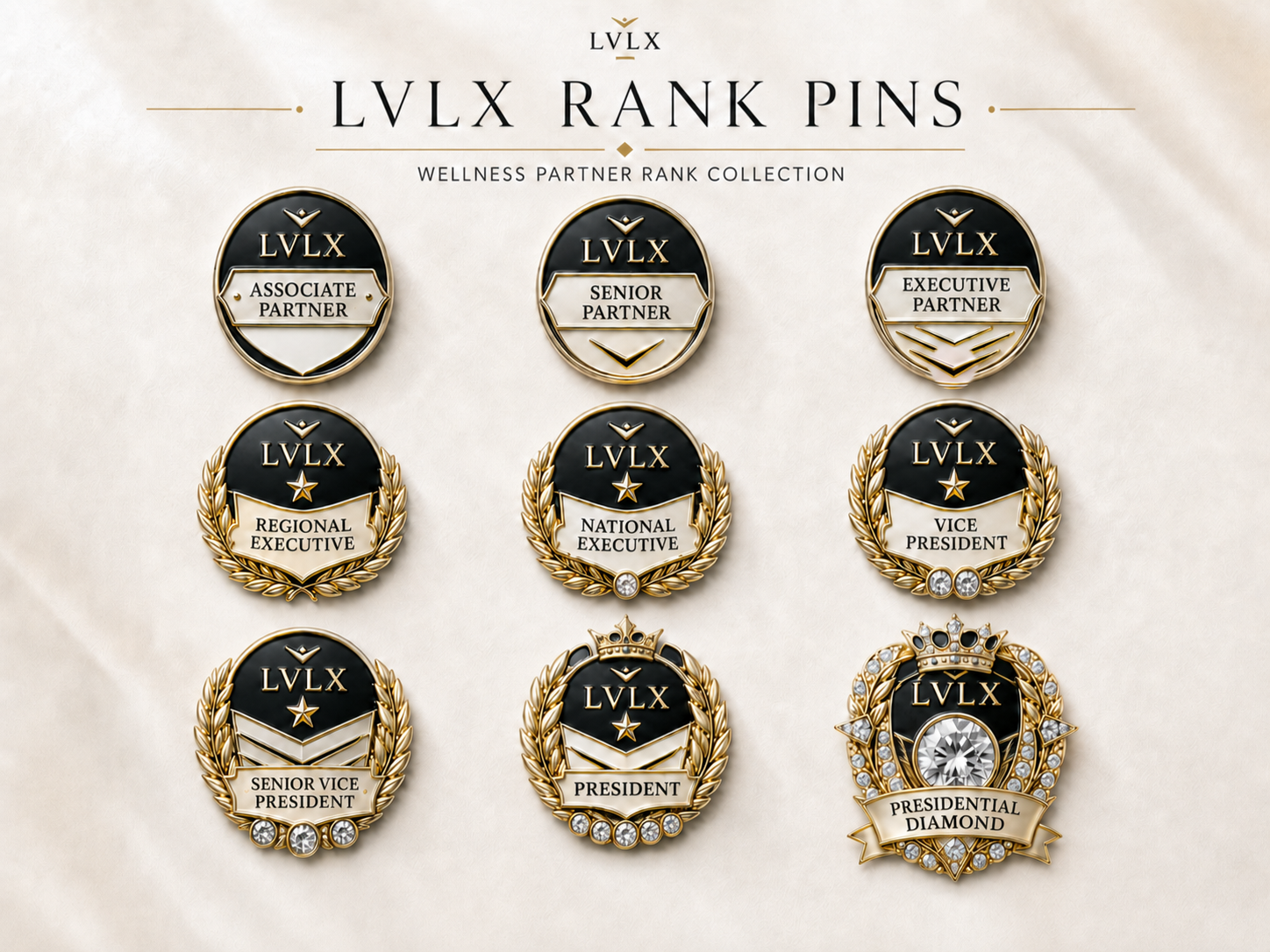 LVLX rank pins, Associate Partner through Presidential Diamond